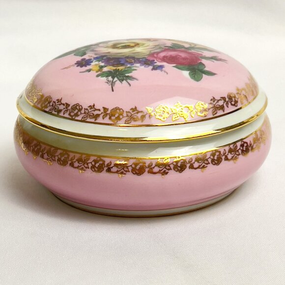 Limoges France Vintage Porcelain Trinket Box Pink Floral Vanity Dish Gold Trim - Picture 3 of 11